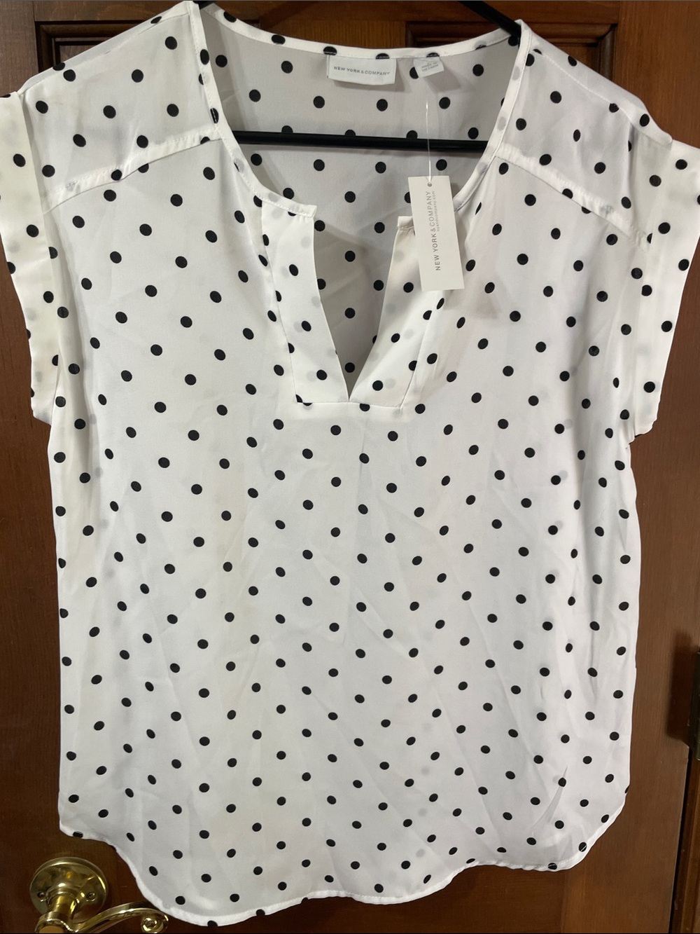 New York & Company White Polka Dot V-Neck Cap Sleeve Blouse